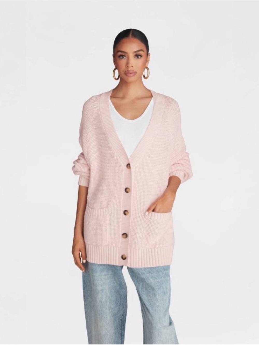 NWOT KBB by Kahala Relaxed V-Neck Button Letterman Cardigan - Soft Pink